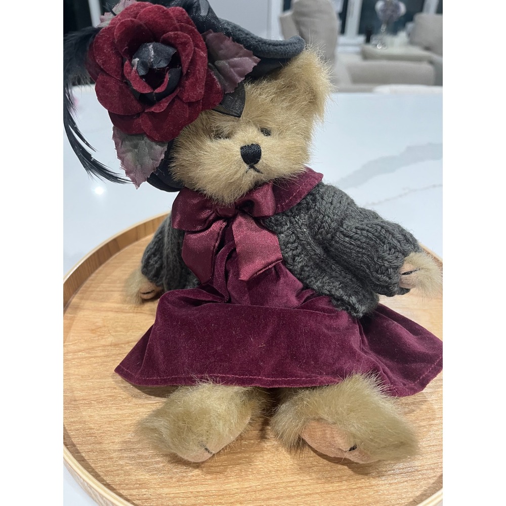 Bearington Collection Teddy Bear Burgundy Velvet Dress Grey Knit Sweater Hat